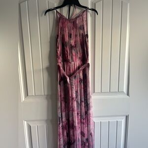 Sleeveless Pink Floral Maxi Dress with Self-Tie Waist